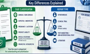Set as featured image for the article explained about the key importance and difference between case classification vs report type in classifying the ICSR cases